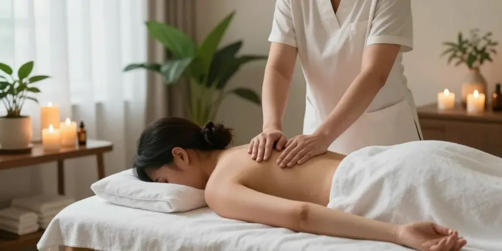 Therapist providing 성북구출장안마 in a serene spa environment with calming decor.
