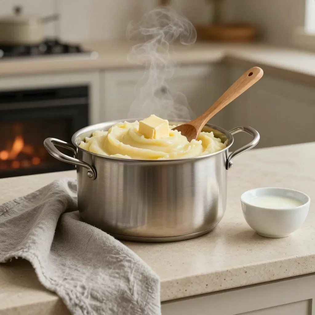 Mashed potatoes in a pot with spoon and warm milk beside a softly glowing stove.