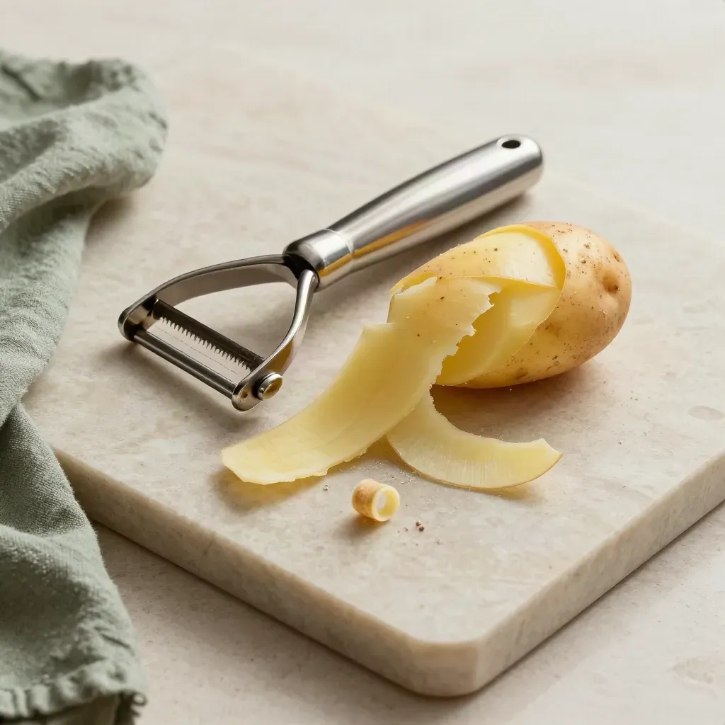 Top-down peeler, potato ribbons and a partially peeled potato on a stone board.