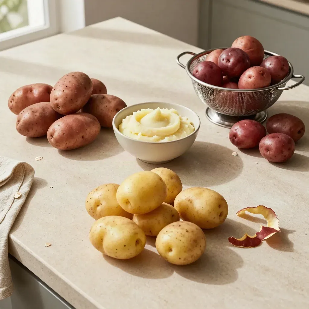 Overhead flat lay of russet, yellow and red potatoes with bowl and colander on a pale counter.