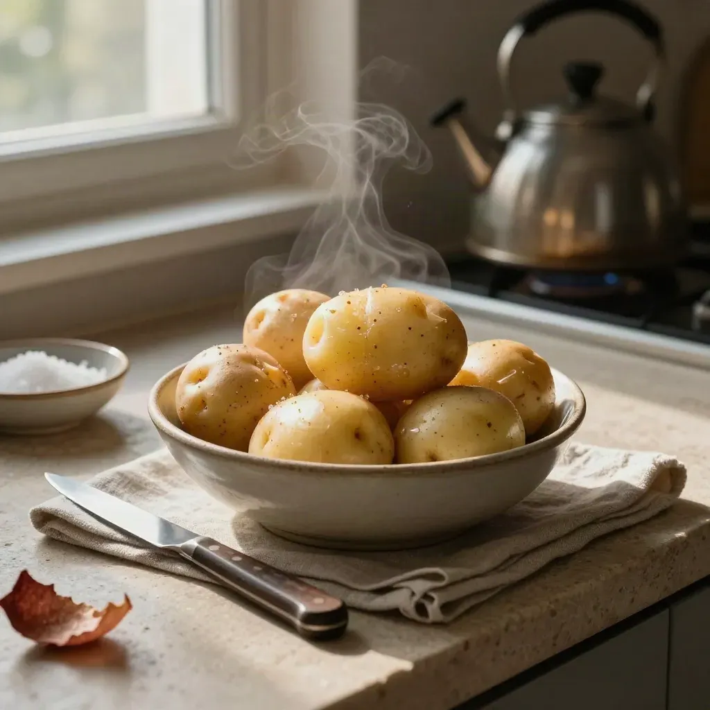 Steam rising from tender new potatoes beside a paring knife and salt dish on a sunlit kitchen counter.