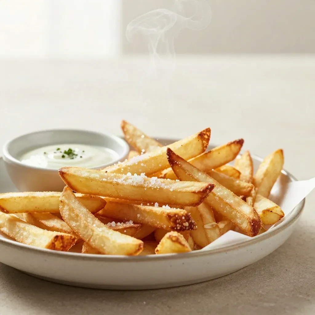 Paper-lined bowl of steaming salted fries with a small herb dip, shot low at rim height.