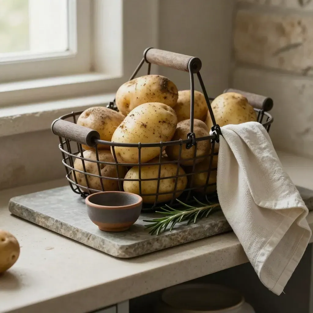 Wire basket of potatoes with clay bowl, tea towel, and rosemary on a stone pantry shelf.